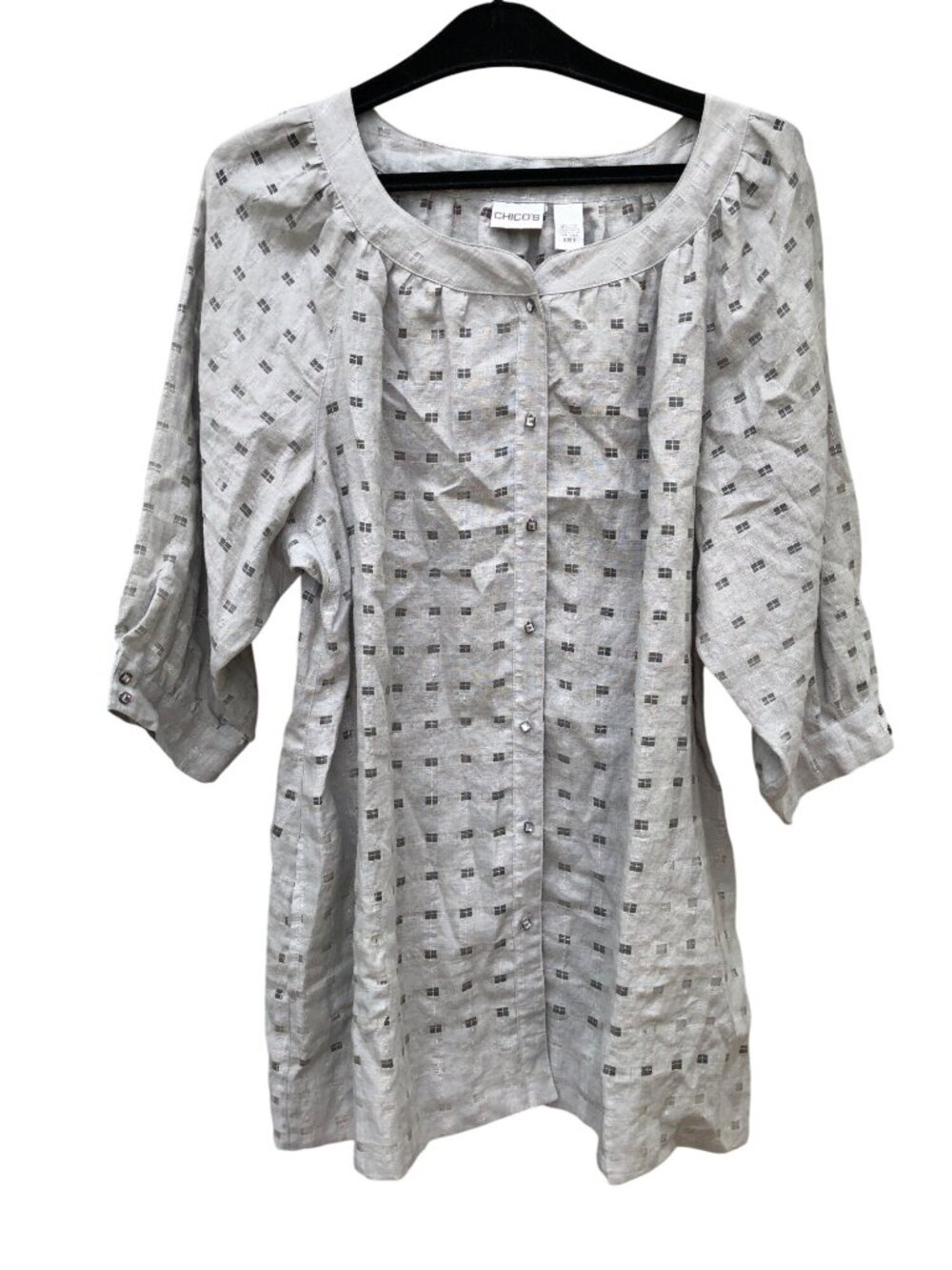 New Chicos Womens 3 Metallic Linen Blend Tunic Gray Check Button Front 3/4 Slvs
